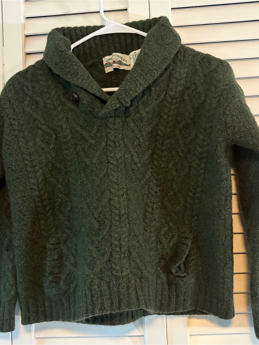 Made in Ireland Women's Dark Green Cable-Knit Shawl Collar Sweater Wool